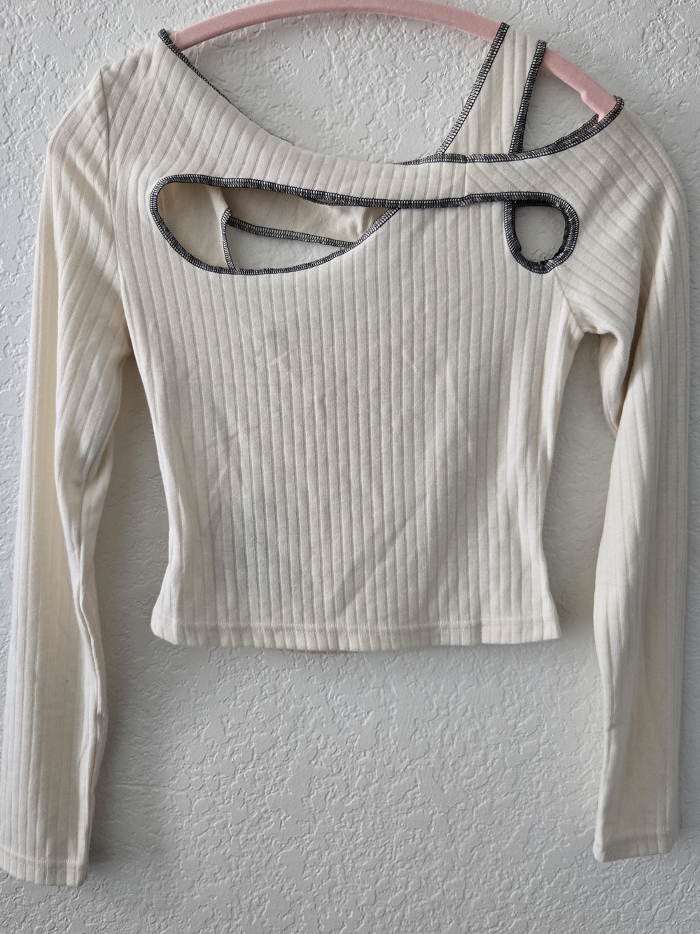 Asymmetric Cutout Ribbed Long-Sleeve Top in Cream
